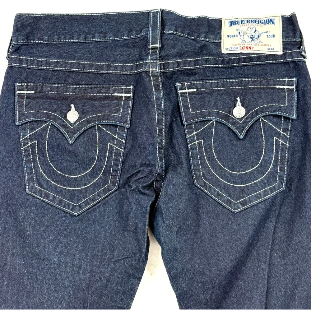 True Religion Mens Jeans 36 NWOT Y2K Skinny Flaps Dark Wash Blue Contrast Stitch